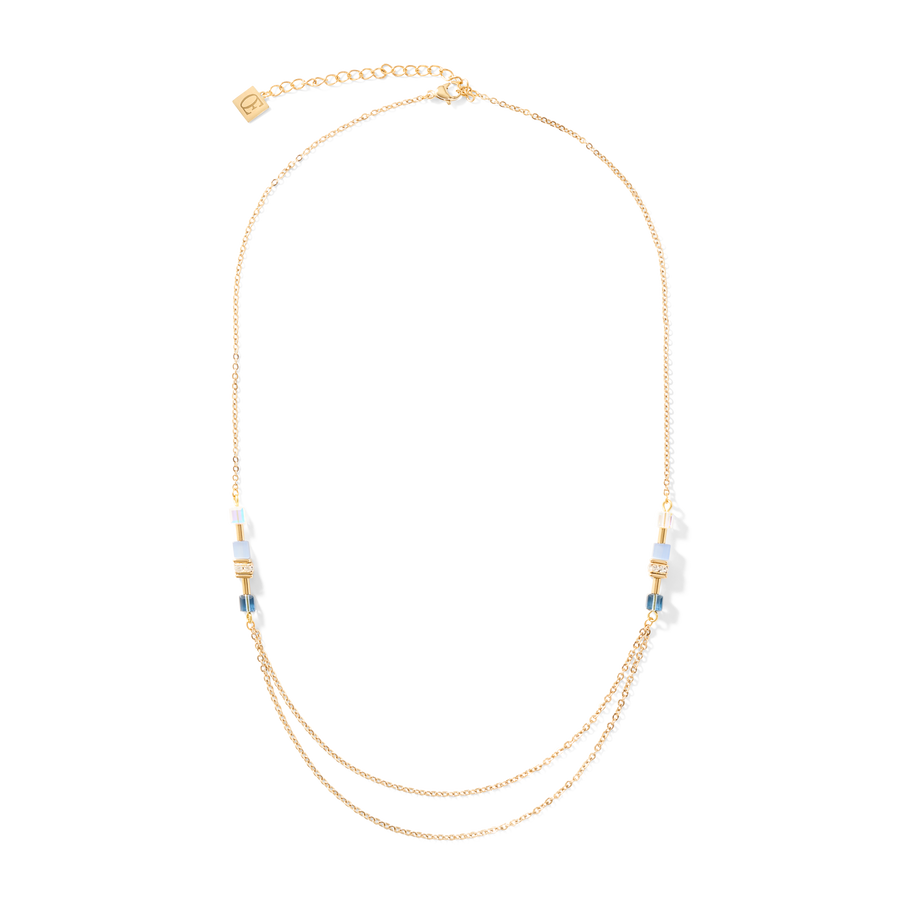 Necklace GeoCUBE® double chain long stainless steel gold-blue