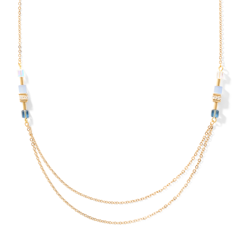 Necklace GeoCUBE® double chain long stainless steel gold-blue