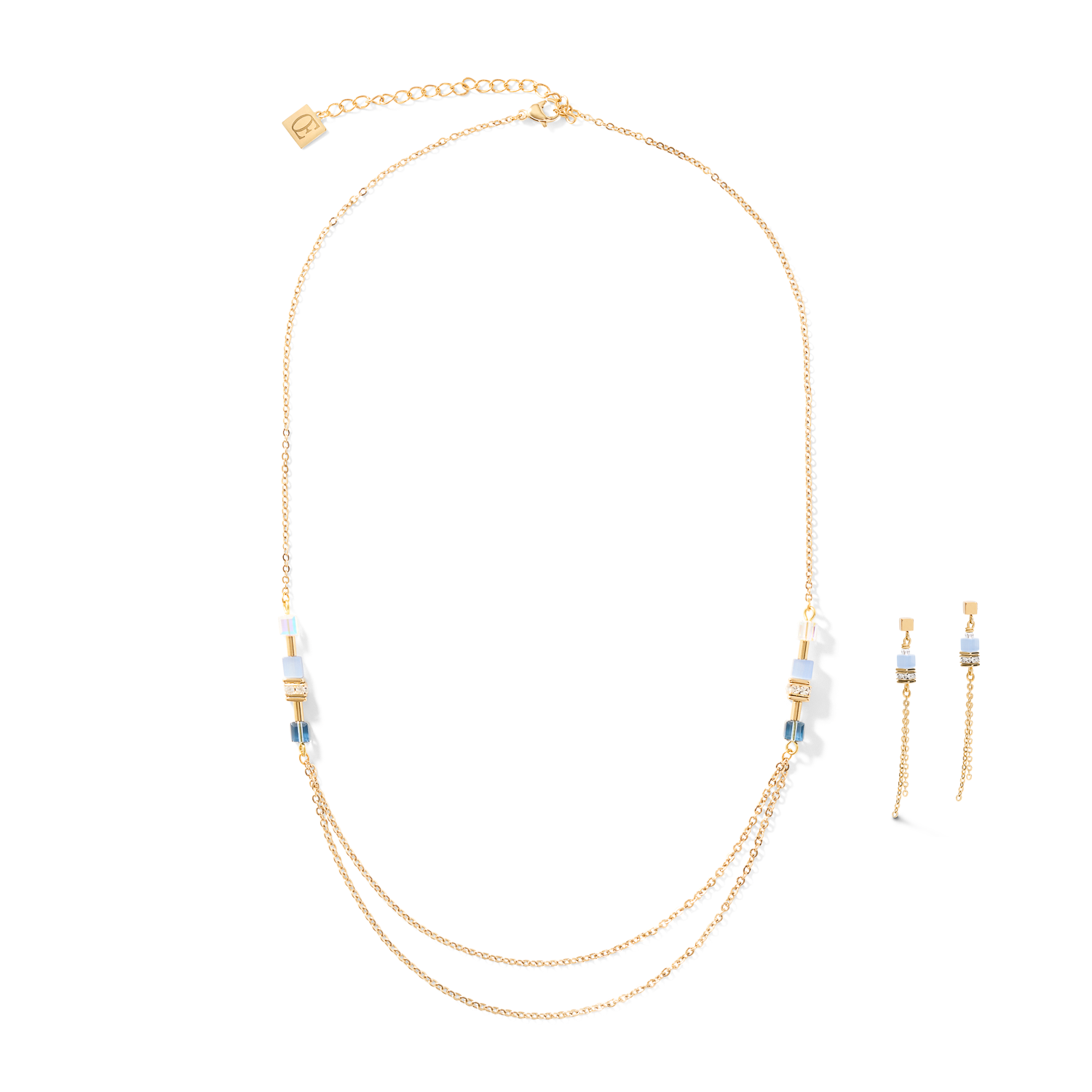 Necklace GeoCUBE® double chain long stainless steel gold-blue