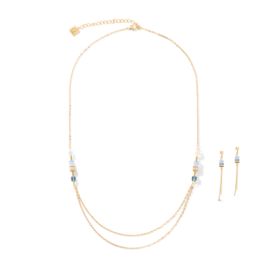 Necklace GeoCUBE® double chain long stainless steel gold-blue
