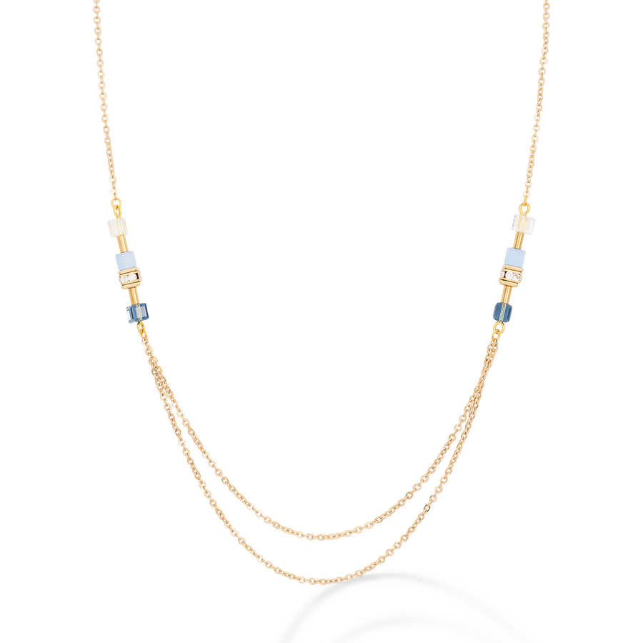 Necklace GeoCUBE® double chain long stainless steel gold-blue