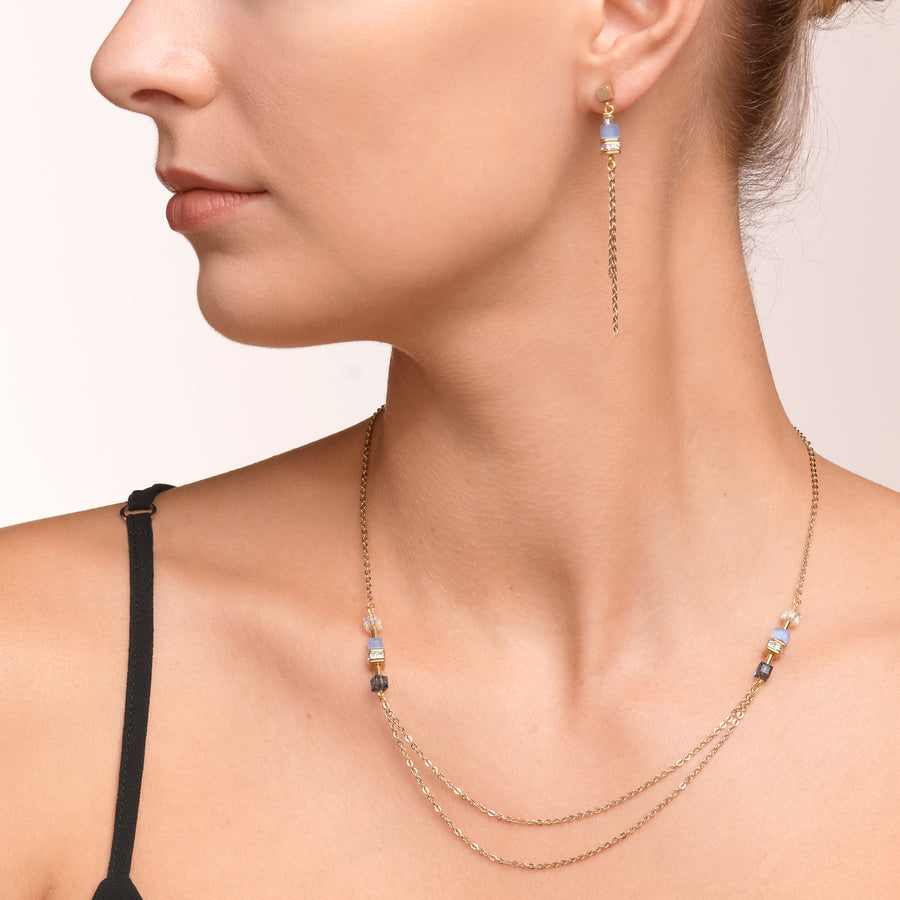 Necklace GeoCUBE® double chain long stainless steel gold-blue