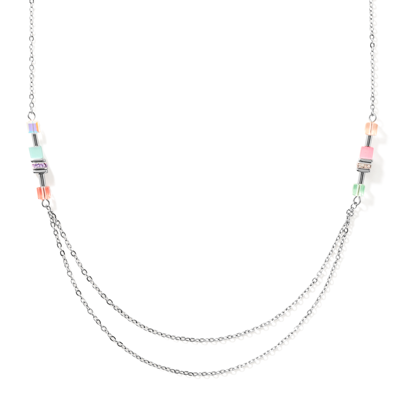 Necklace GeoCUBE® double chain long stainless steel silver multicolour-pastel
