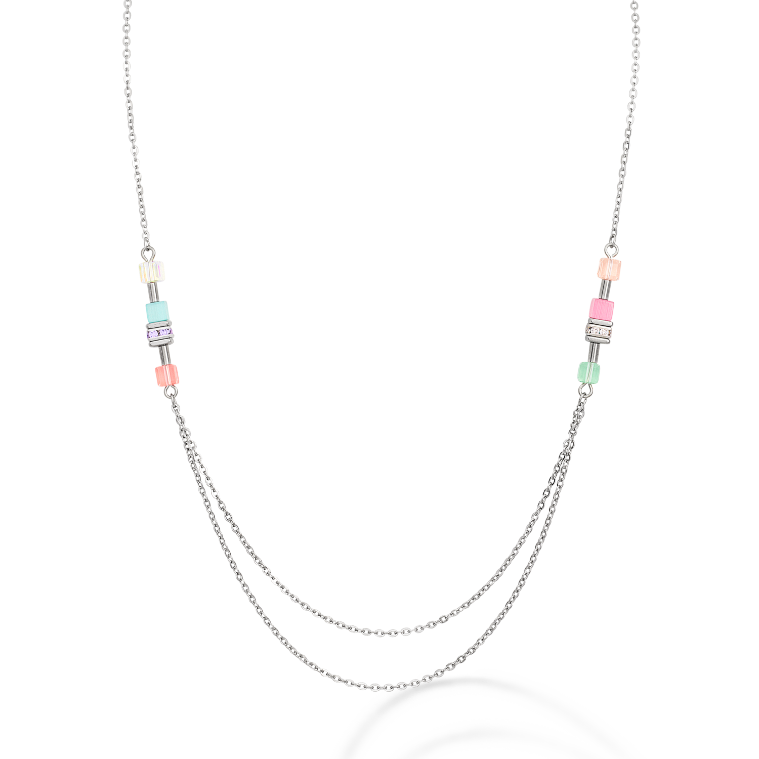 Necklace GeoCUBE® double chain long stainless steel silver multicolour-pastel