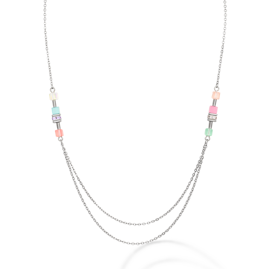 Necklace GeoCUBE® double chain long stainless steel silver multicolour-pastel