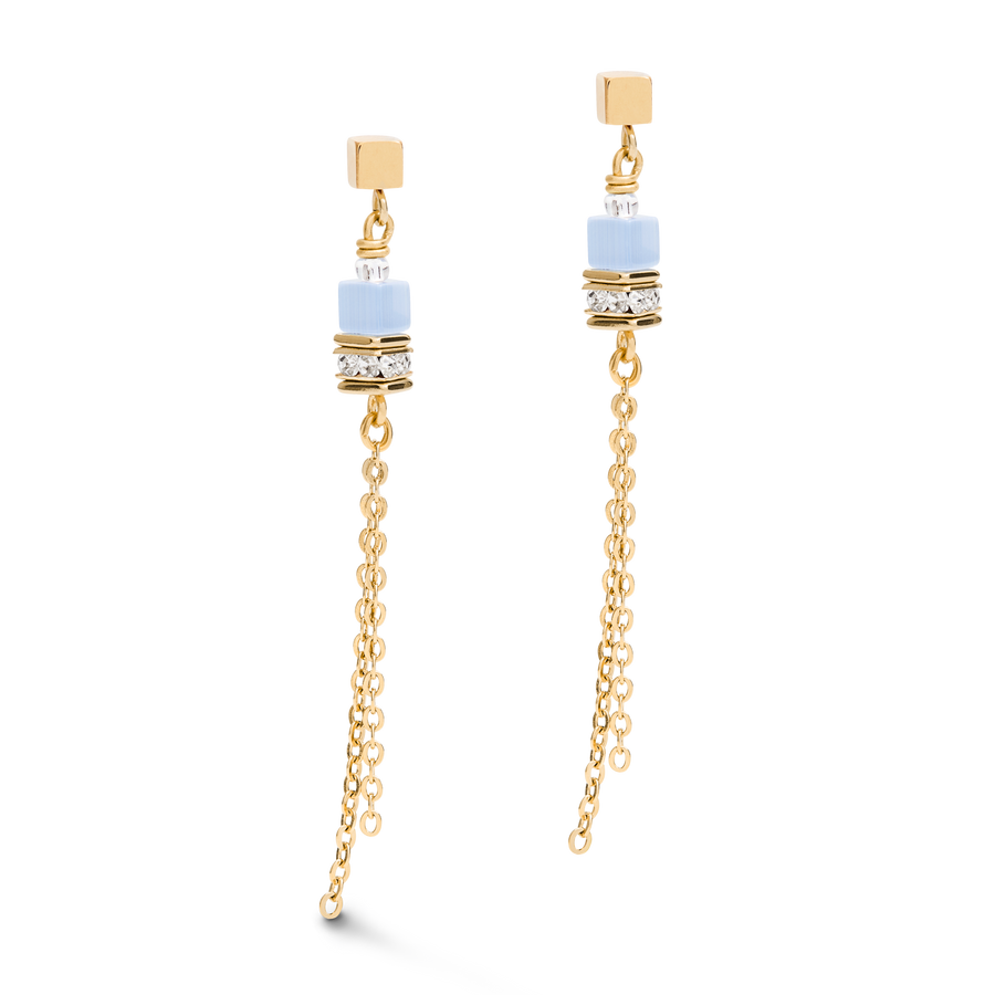 Earrings GeoCUBE® double chain long stainless steel gold-blue