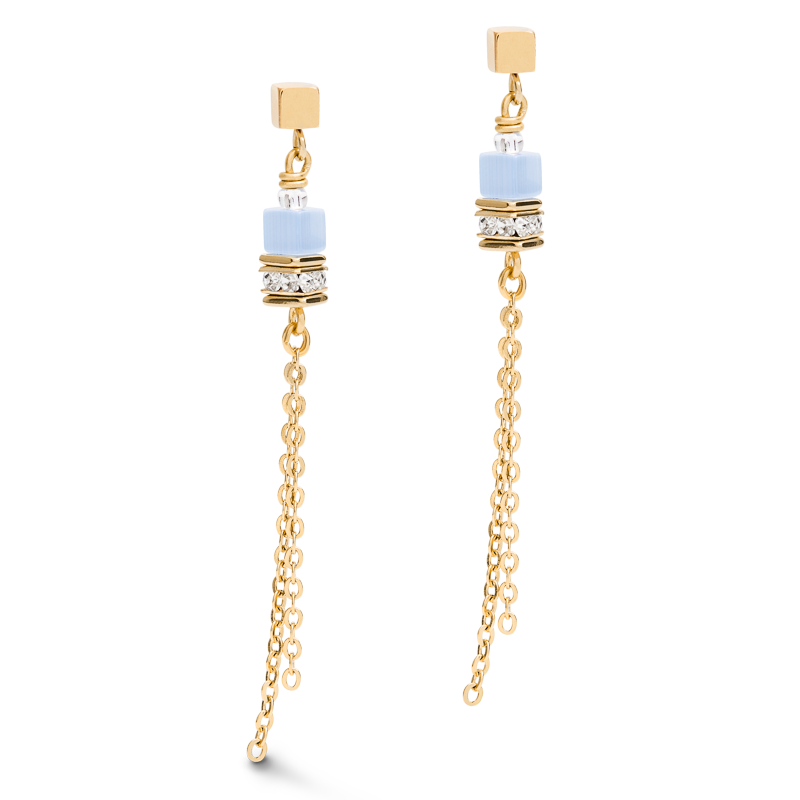 Earrings GeoCUBE® double chain long stainless steel gold-blue