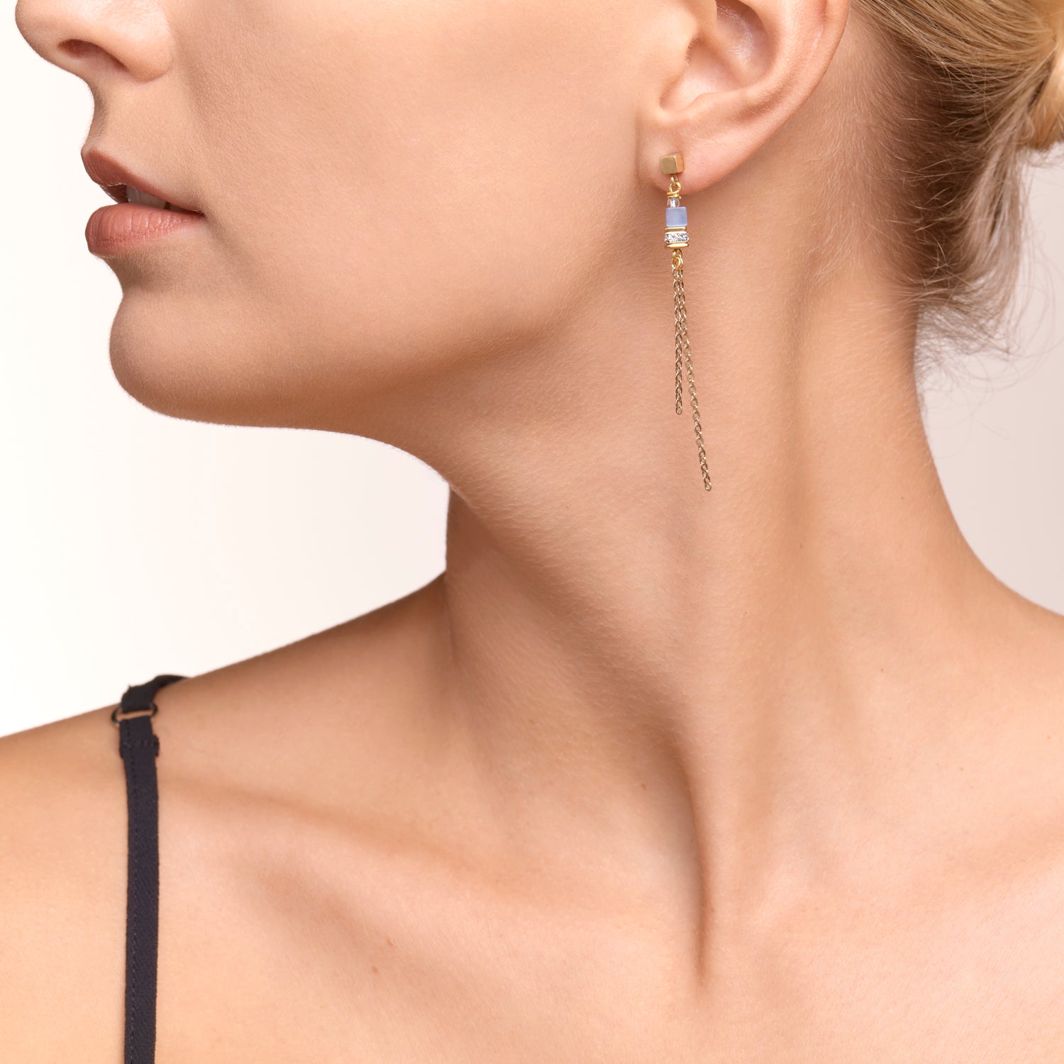 Earrings GeoCUBE® double chain long stainless steel gold-blue