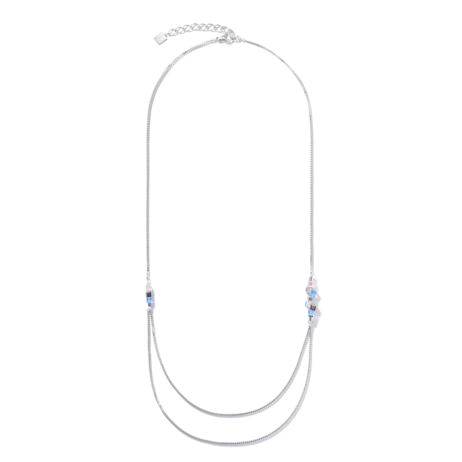 Necklace GeoCUBE® cluster double chain long stainless steel silver-light blue