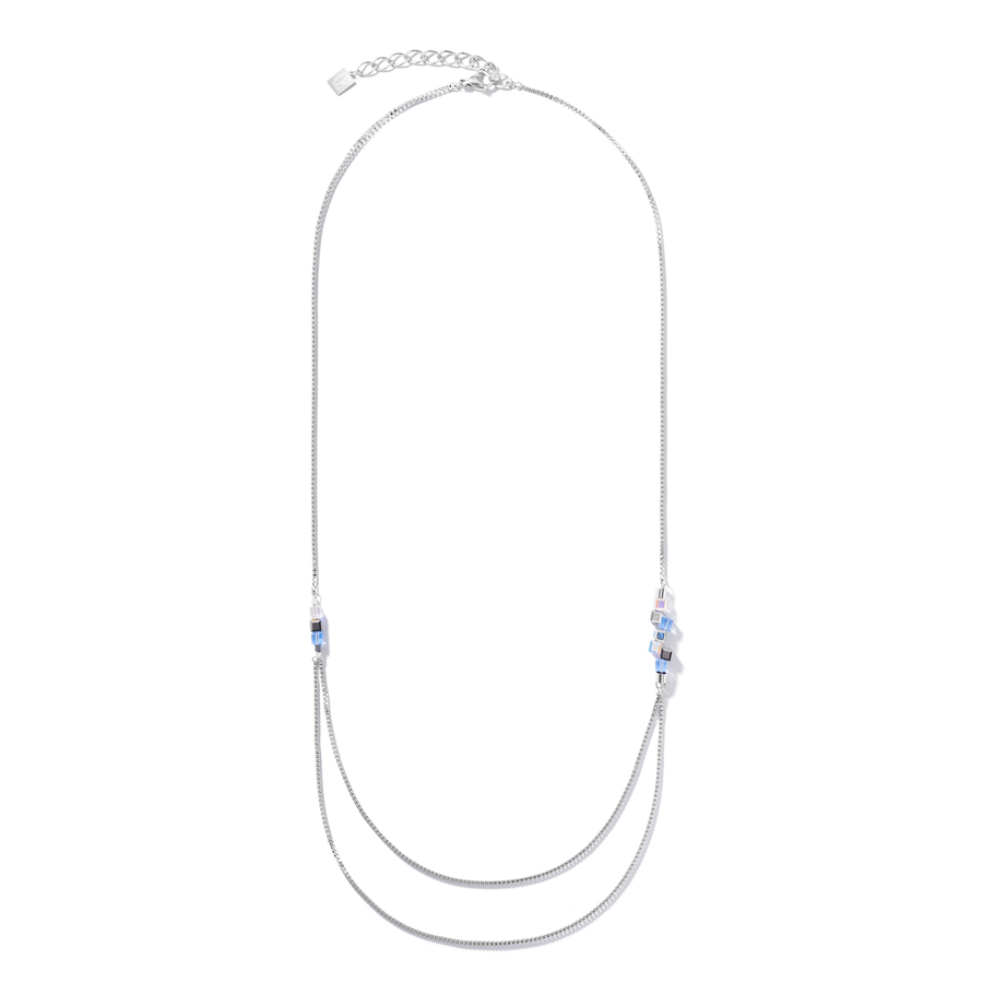 Necklace GeoCUBE® cluster double chain long stainless steel silver-light blue