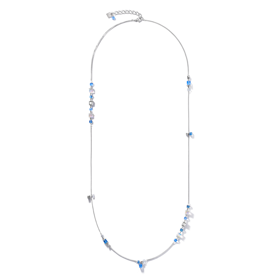 Necklace GeoCUBE® chain long stainless steel &  Crystals silver-blue