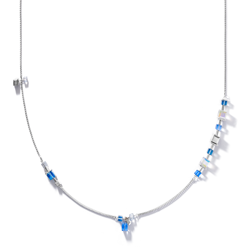 Necklace GeoCUBE® chain long stainless steel &  Crystals silver-blue