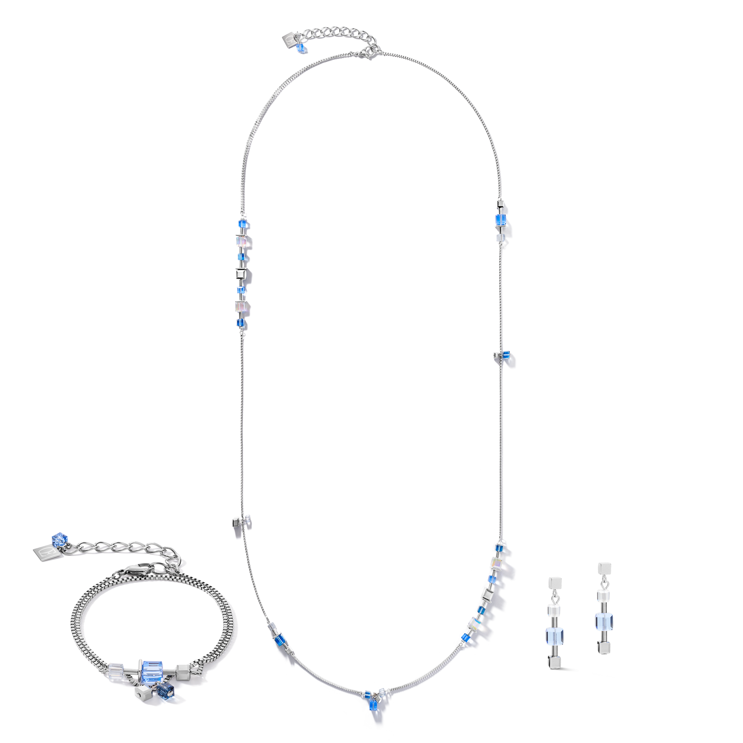 Necklace GeoCUBE® chain long stainless steel &  Crystals silver-blue