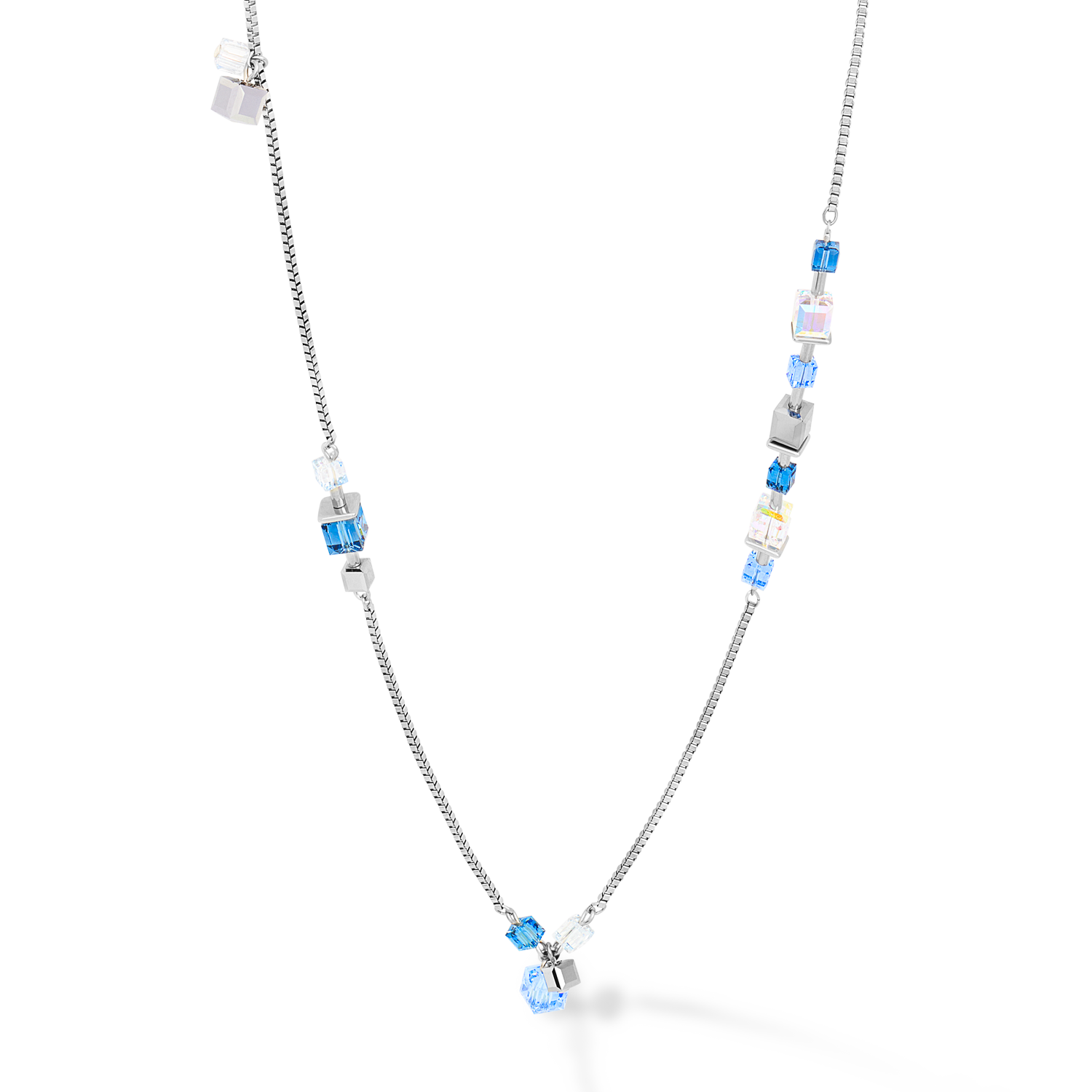 Necklace GeoCUBE® chain long stainless steel &  Crystals silver-blue