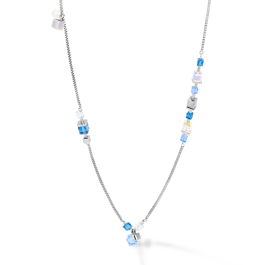Necklace GeoCUBE® chain long stainless steel &  Crystals silver-blue