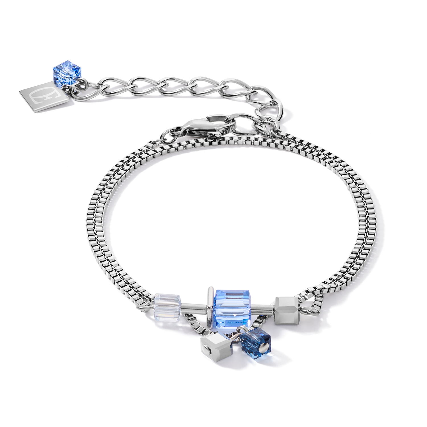 Bracelet GeoCUBE® chain long stainless steel &  Crystals silver-blue