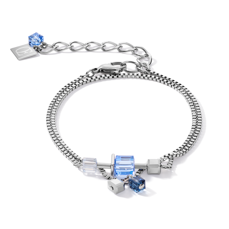 Bracelet GeoCUBE® chain long stainless steel &  Crystals silver-blue