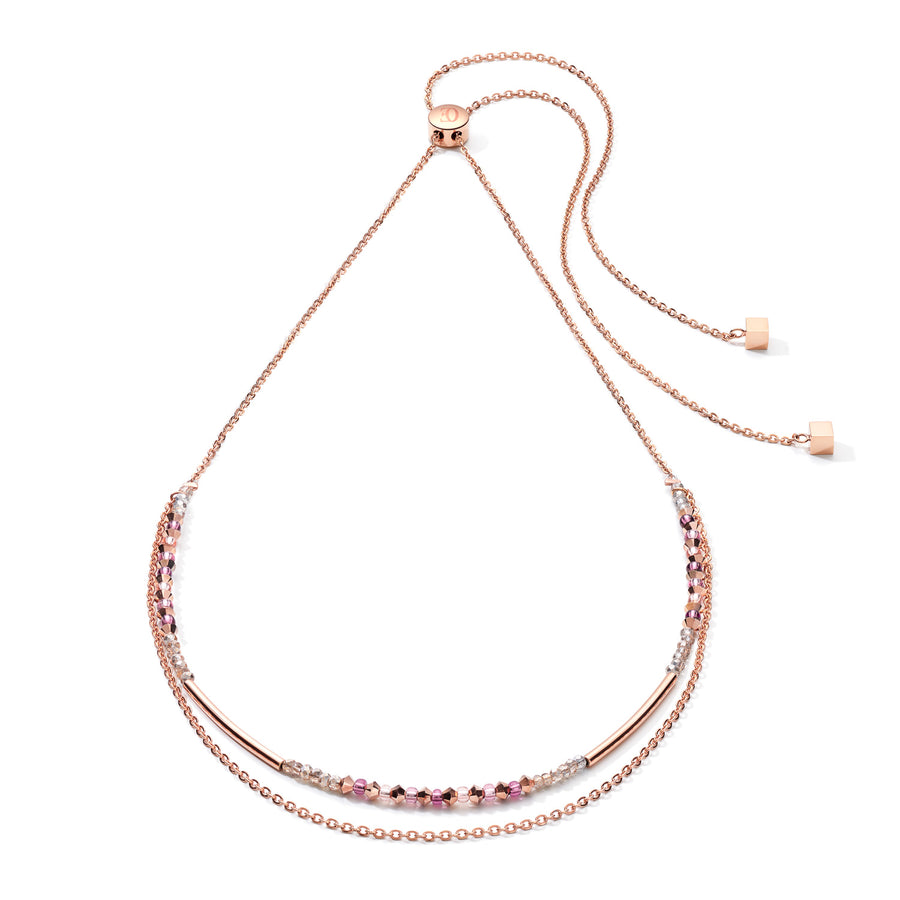 Necklace 2-layers fine crystals & stainless steel rose gold lilac