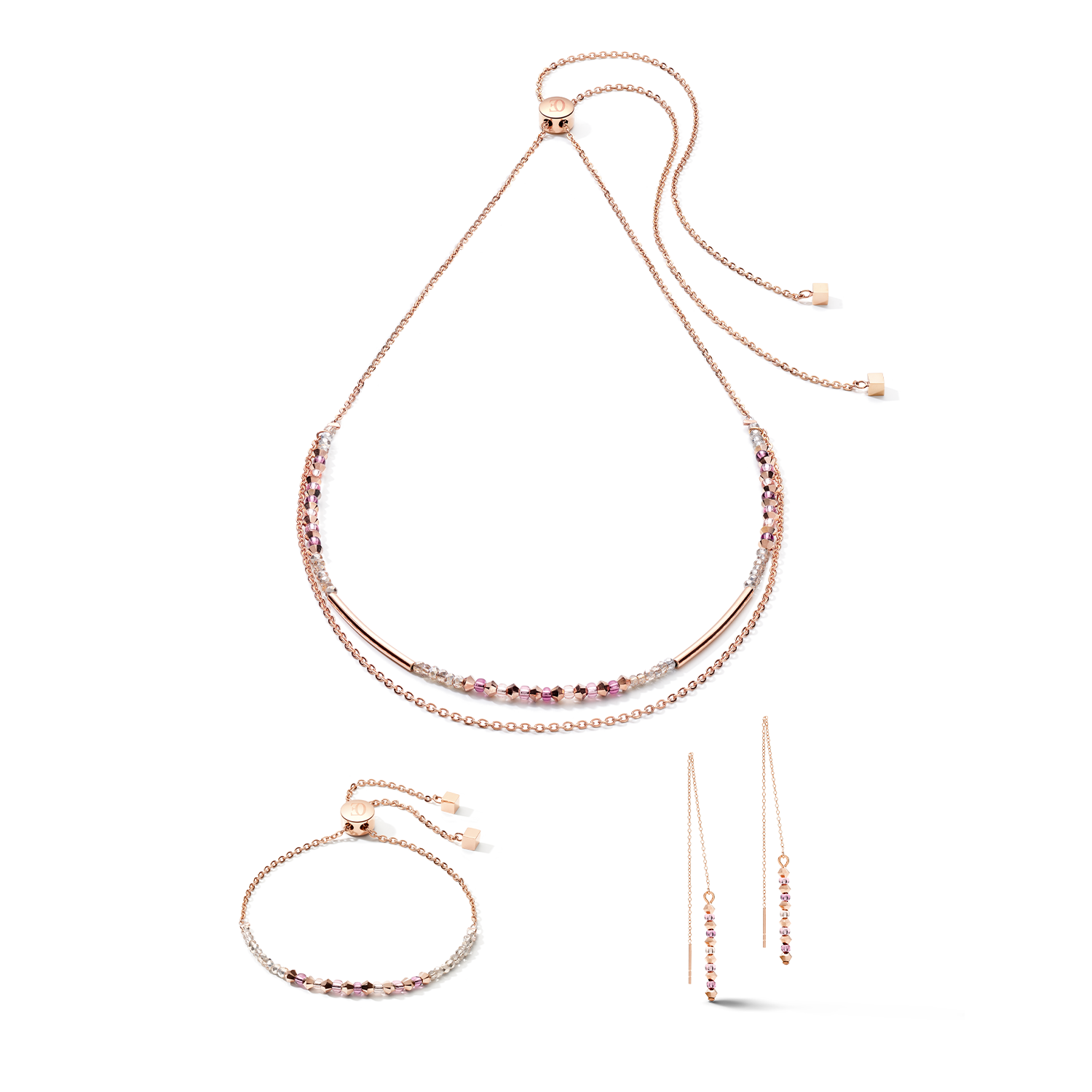 Necklace 2-layers fine crystals & stainless steel rose gold lilac
