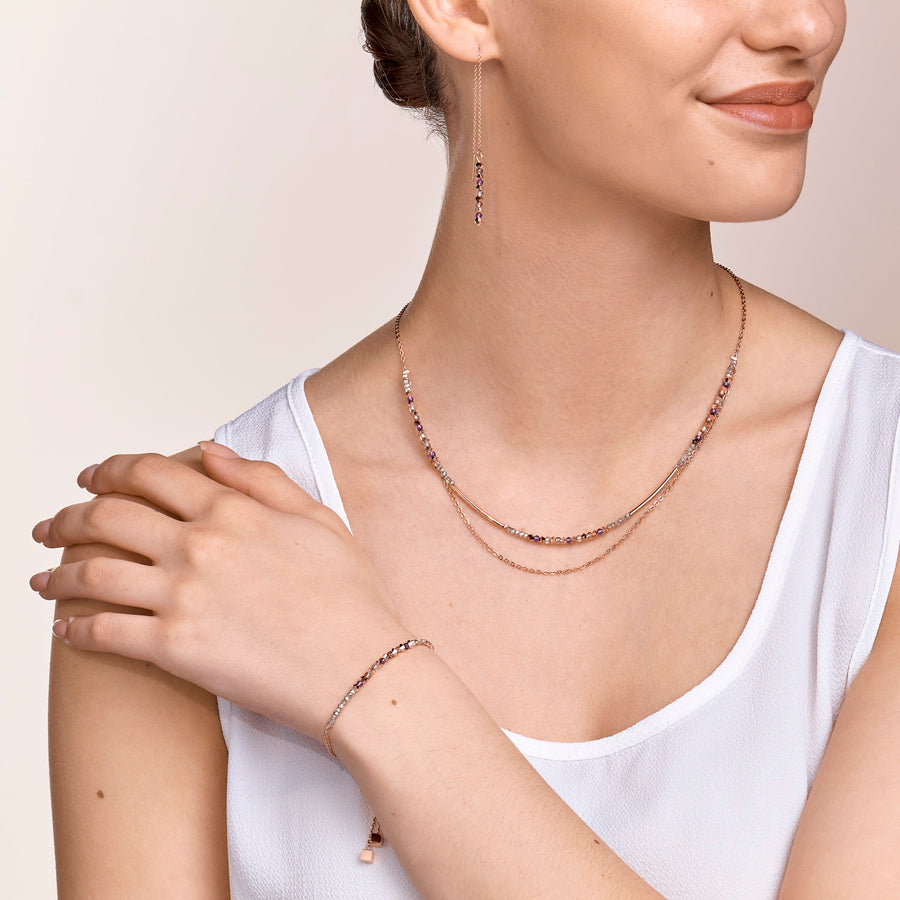 Necklace 2-layers fine crystals & stainless steel rose gold lilac