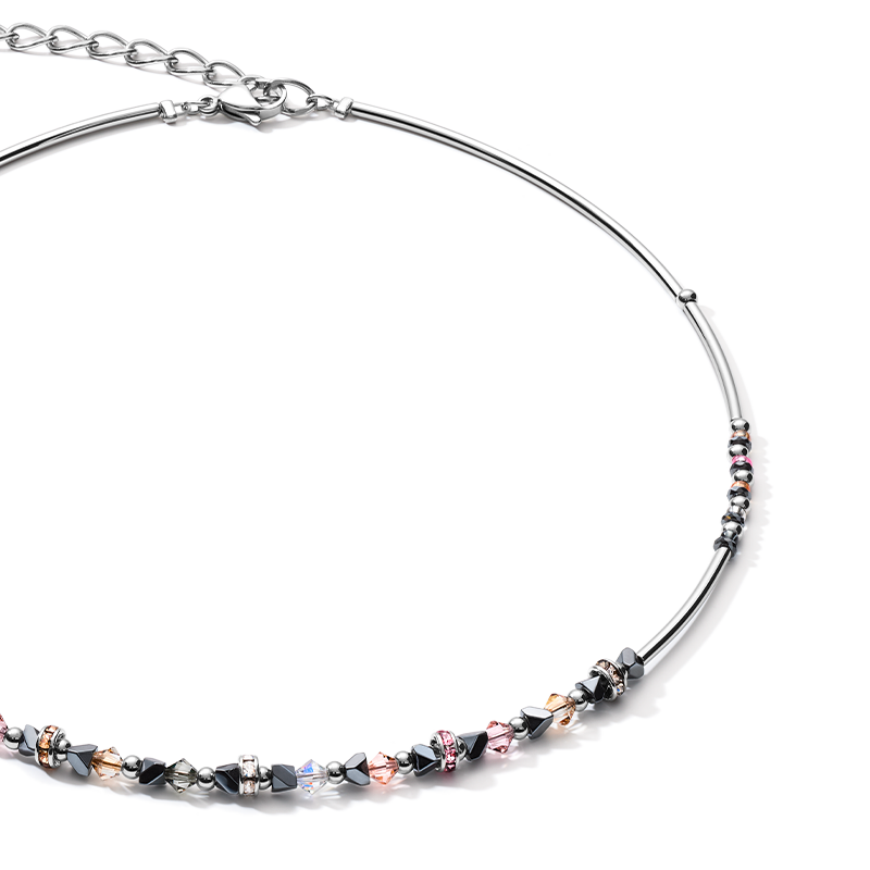 Necklace Fine & Edgy Hematite & Crystals & Stainless Steel peach-pink
