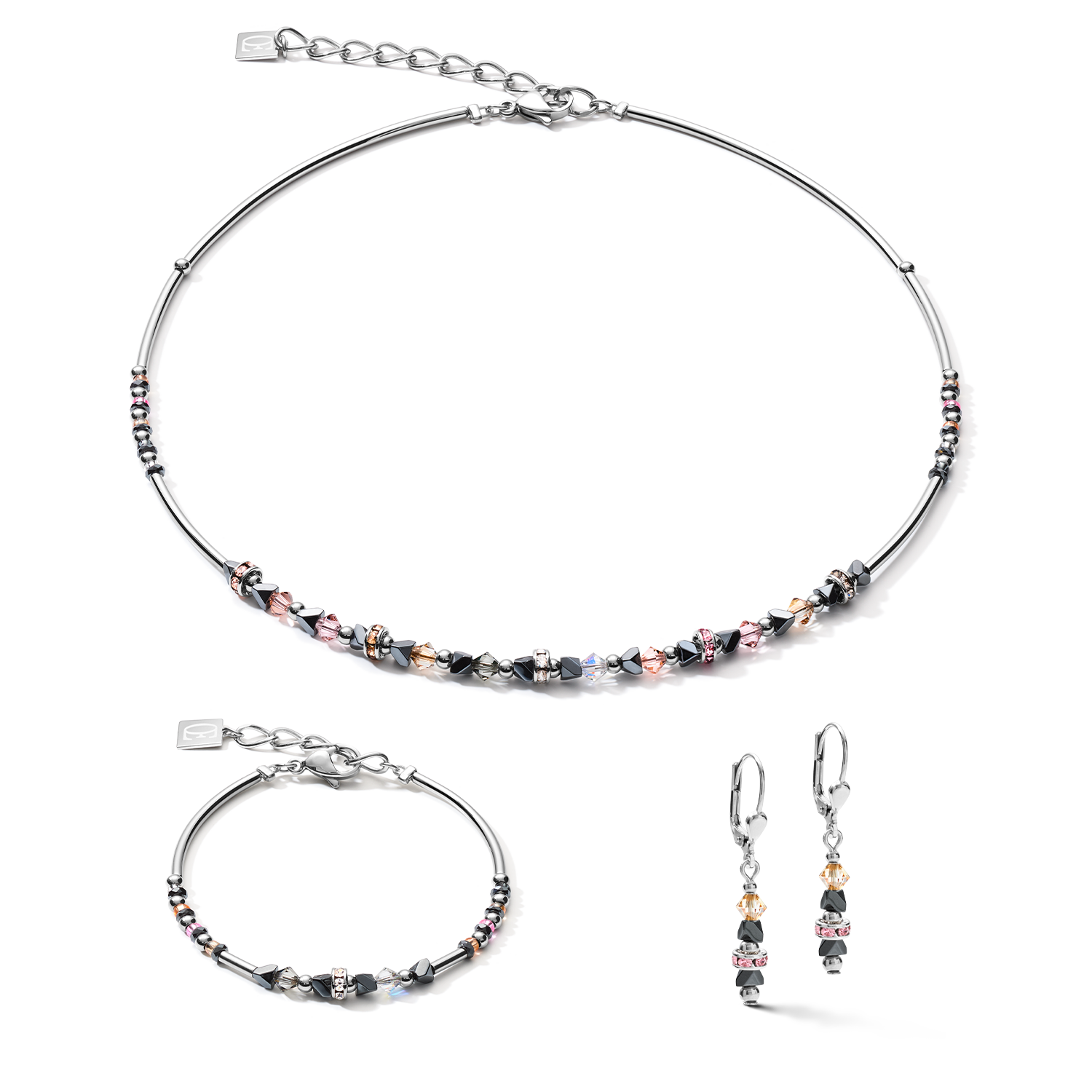 Necklace Fine & Edgy Hematite & Crystals & Stainless Steel peach-pink