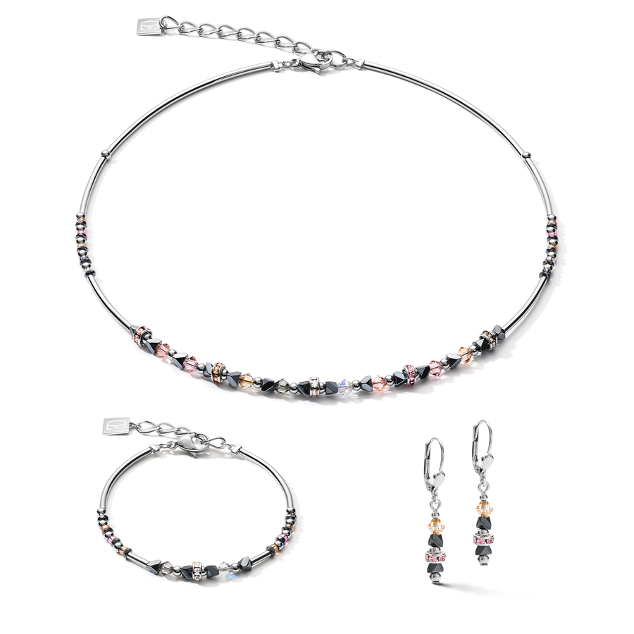 Necklace Fine & Edgy Hematite & Crystals & Stainless Steel peach-pink