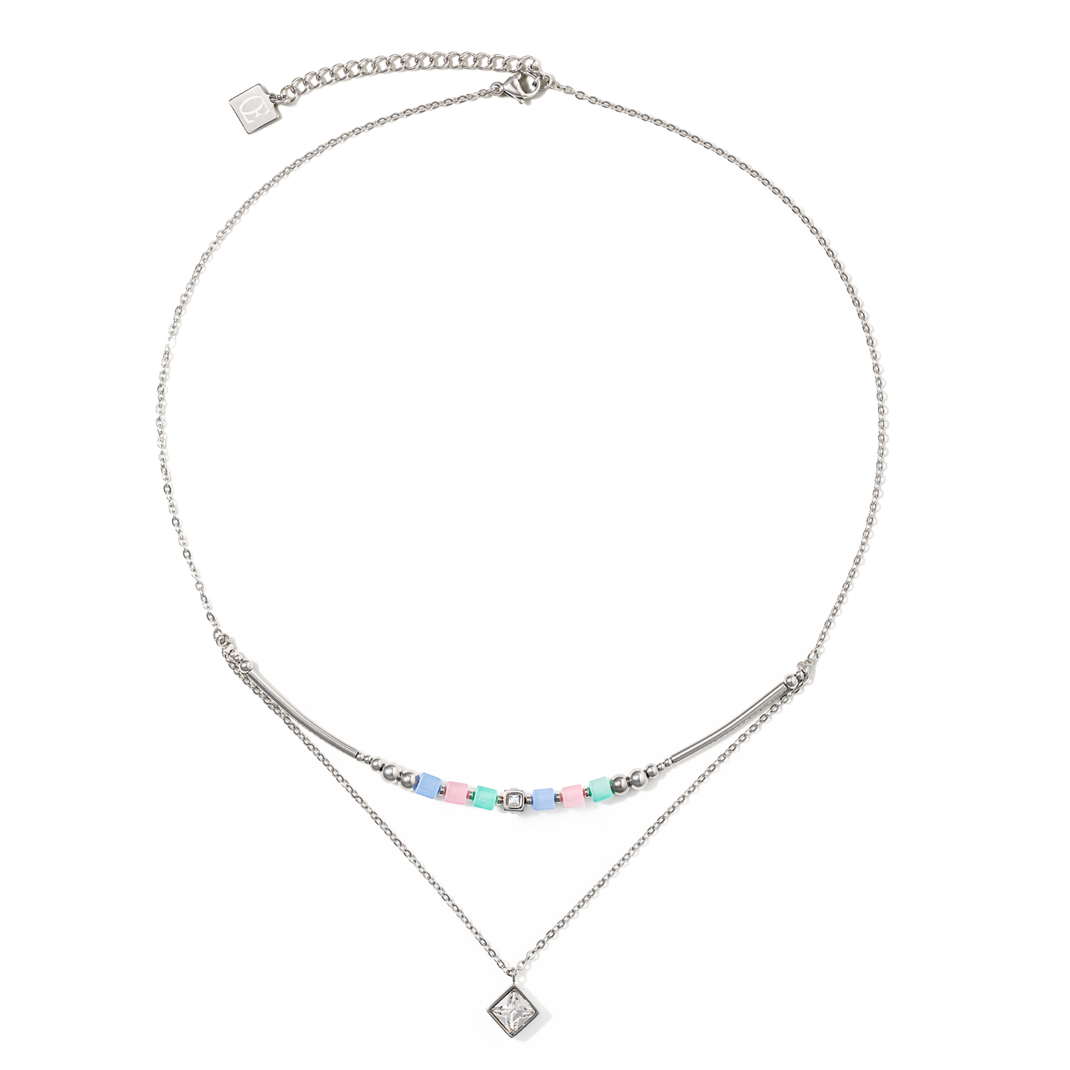 Brilliant Square Layer necklace silver light blue pink