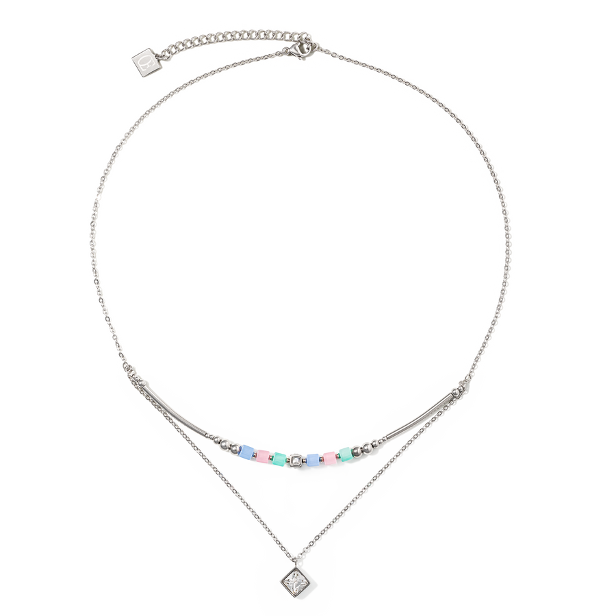 Brilliant Square Layer necklace silver light blue pink