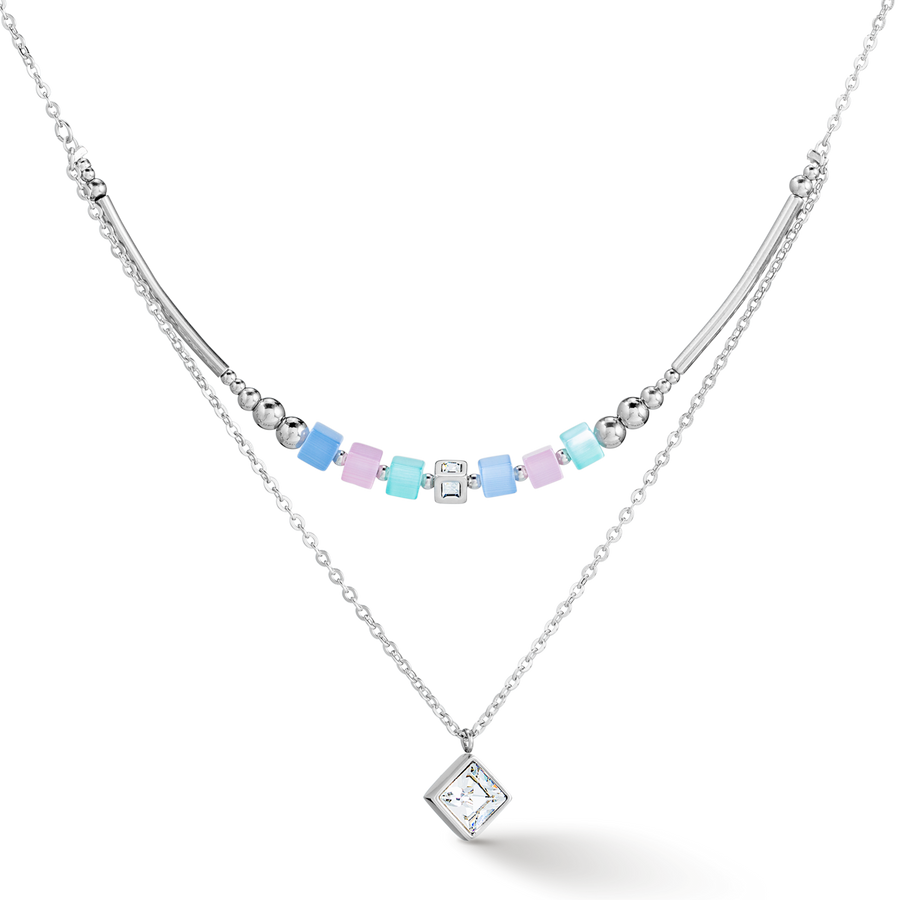 Brilliant Square Layer necklace silver light blue pink