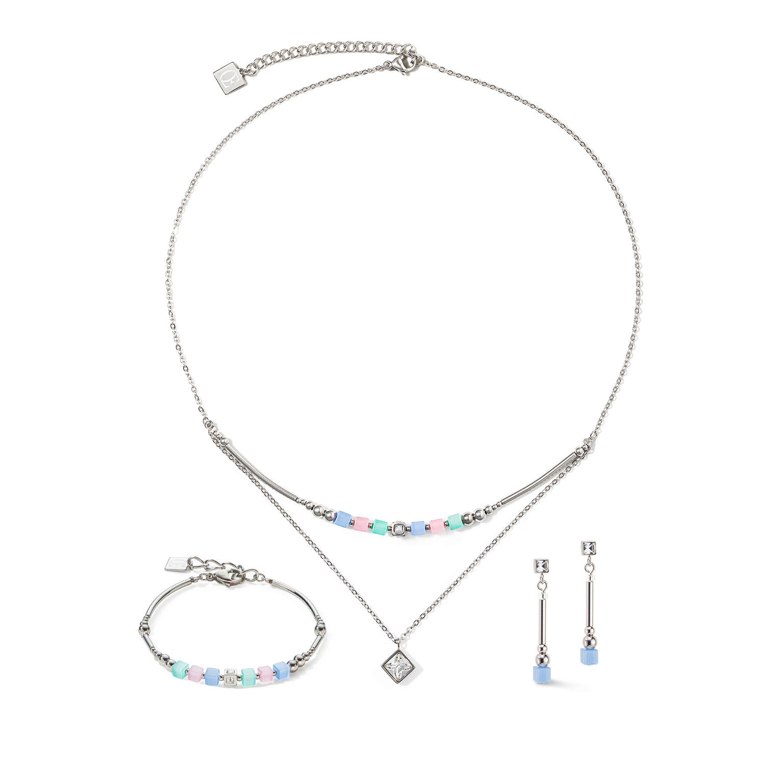 Brilliant Square Layer necklace silver light blue pink