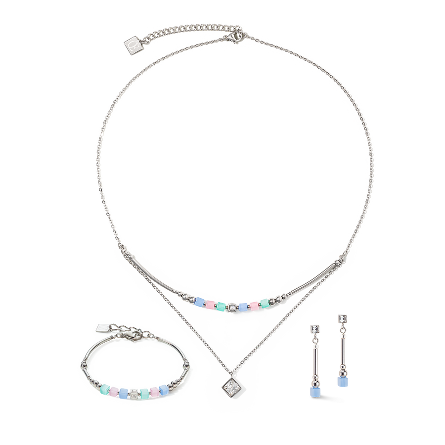 Brilliant Square Layer necklace silver light blue pink