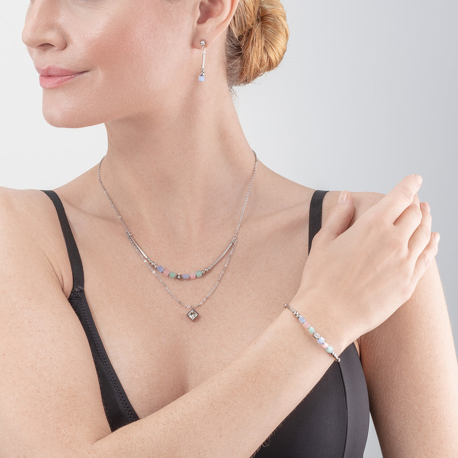 Brilliant Square Layer necklace silver light blue pink