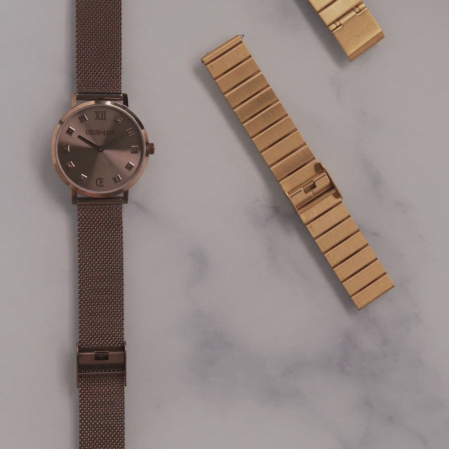 Gift Set Watch Iconic Square Mocha Sunray Milanese & Bracelet GeoCUBE® pink aventurine rose gold-peach