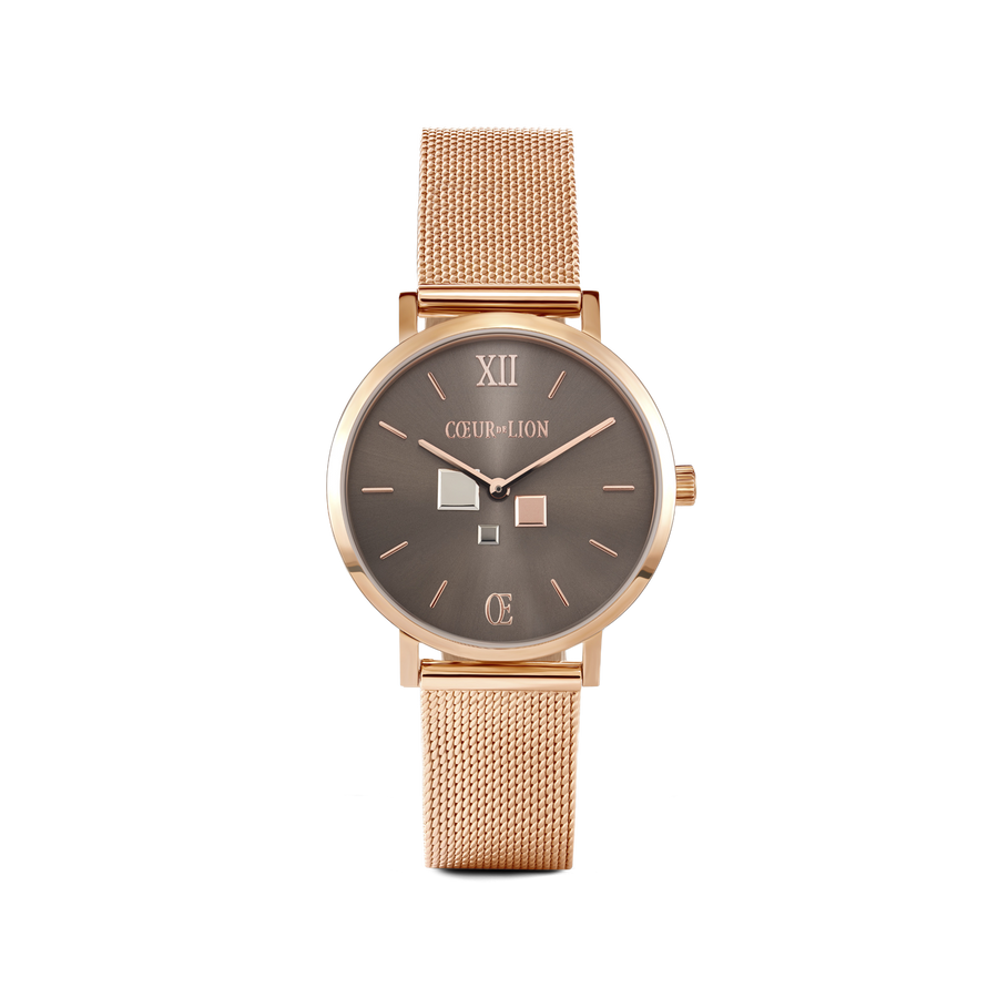 Watch Round Mocha Sunray Milanese Stainless Steel Rose Gold