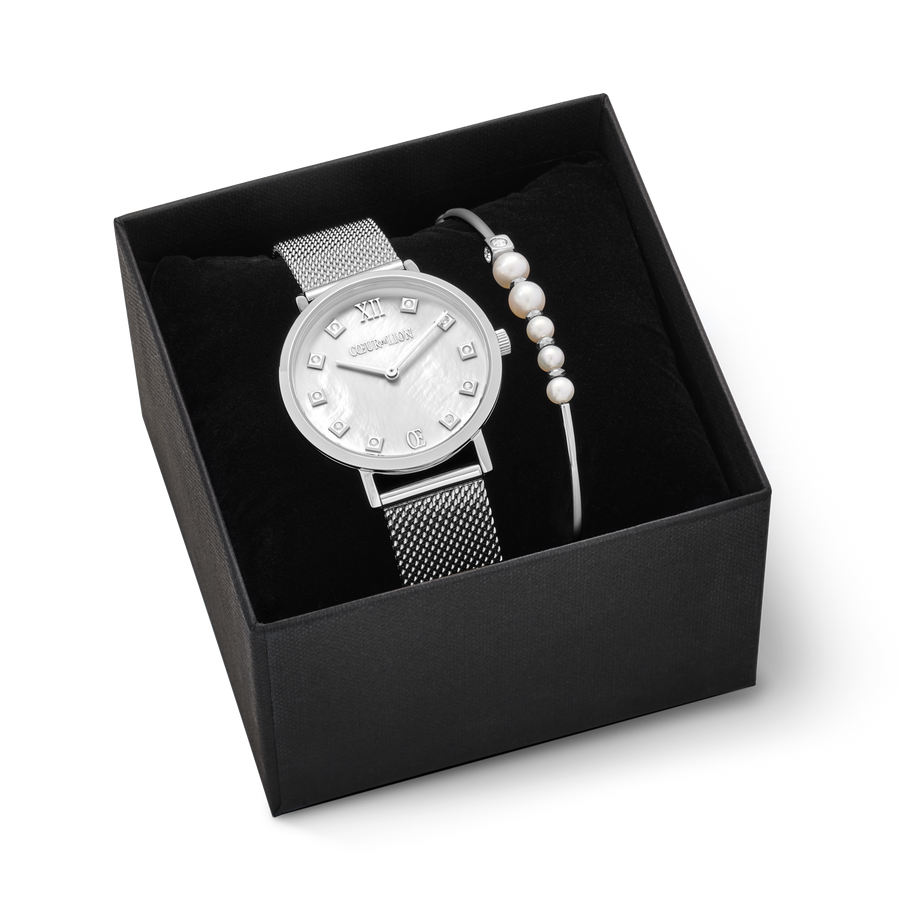 Gift Set Watch Round Mother-of-Pearl Milanaise & Bracelet Asymmetry freshwater pearls white-silver