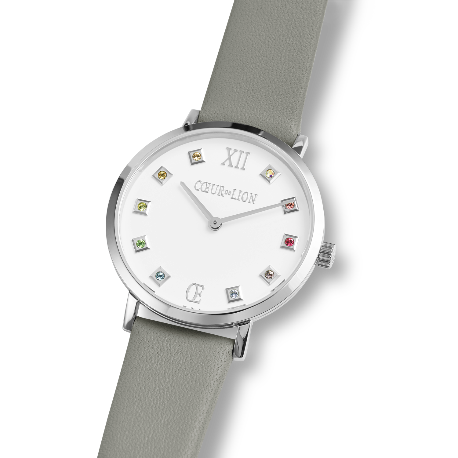 Watch Round Brilliant White Bracelet Leather Light Grey