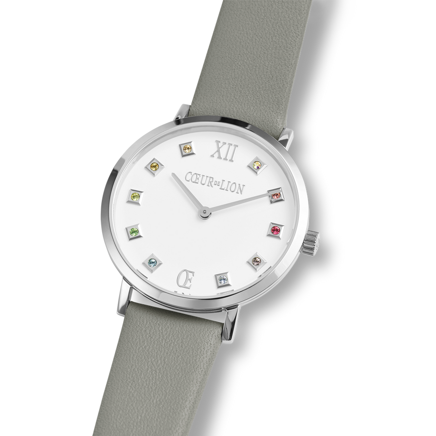 Watch Round Brilliant White Bracelet Leather Light Grey