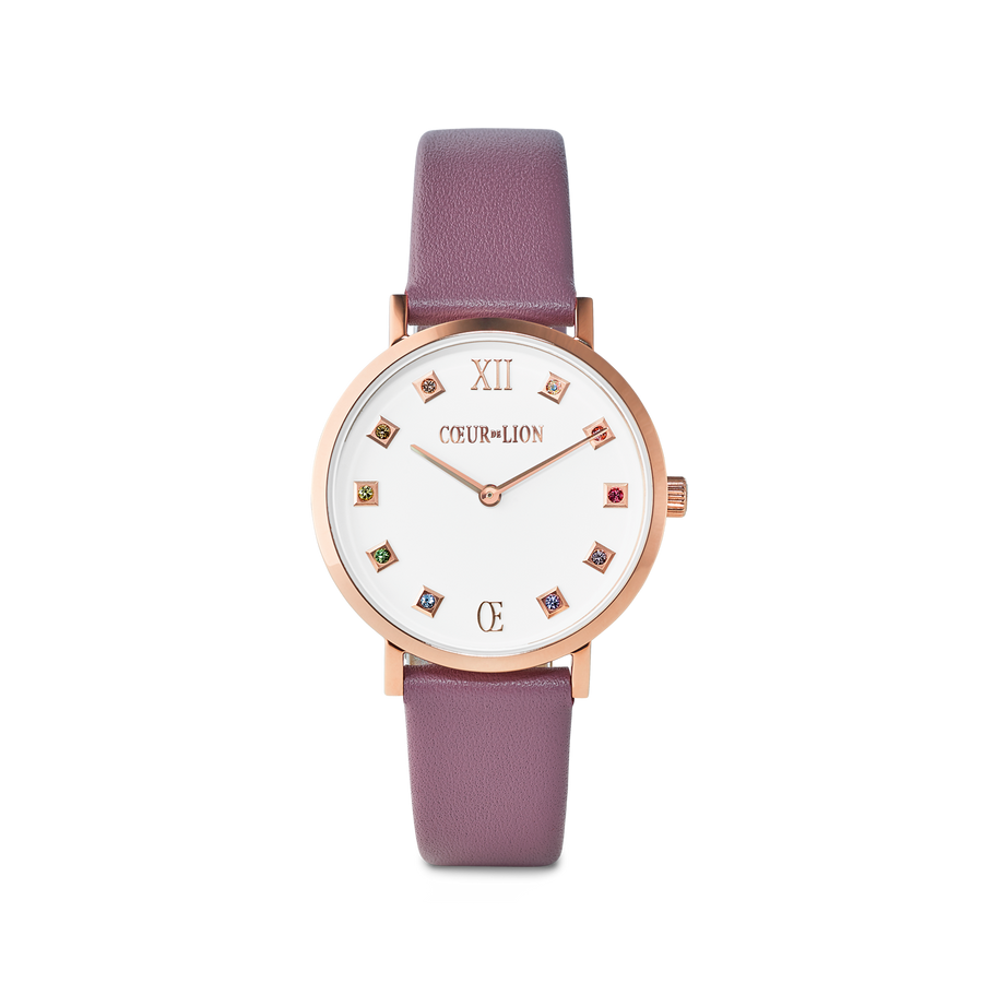 Watch Round Brilliant White Bracelet Leather Mauve