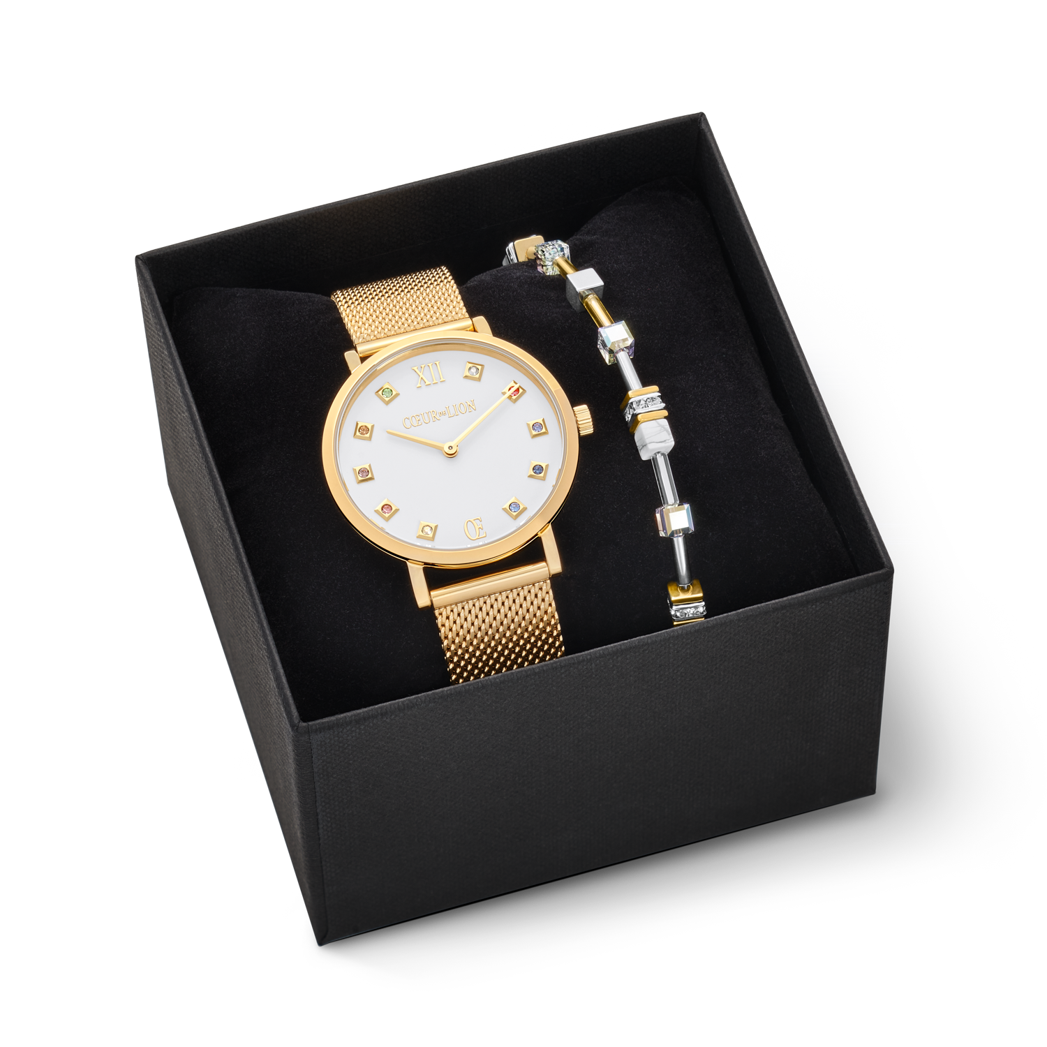 Gift Set Watch Round Brilliant White Milanese & Bracelet GeoCUBE® Multitask 4-in-1 gold-silver