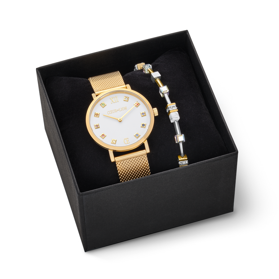 Gift Set Watch Round Brilliant White Milanese & Bracelet GeoCUBE® Multitask 4-in-1 gold-silver