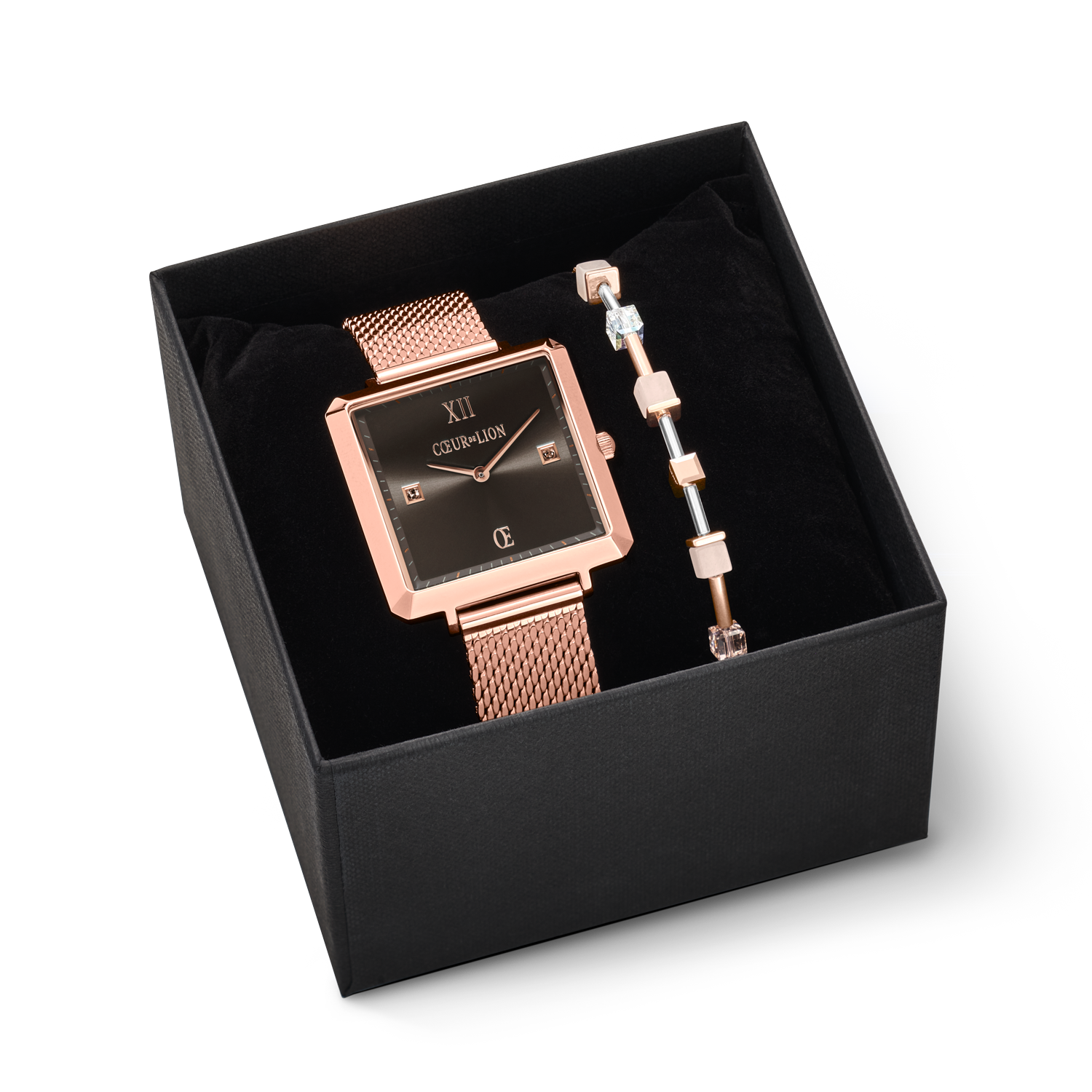 Gift Set Watch Iconic Square Mocha Sunray Milanese & Bracelet GeoCUBE® pink aventurine rose gold-peach