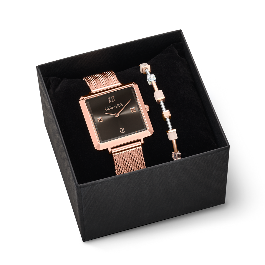 Gift Set Watch Iconic Square Mocha Sunray Milanese & Bracelet GeoCUBE® pink aventurine rose gold-peach