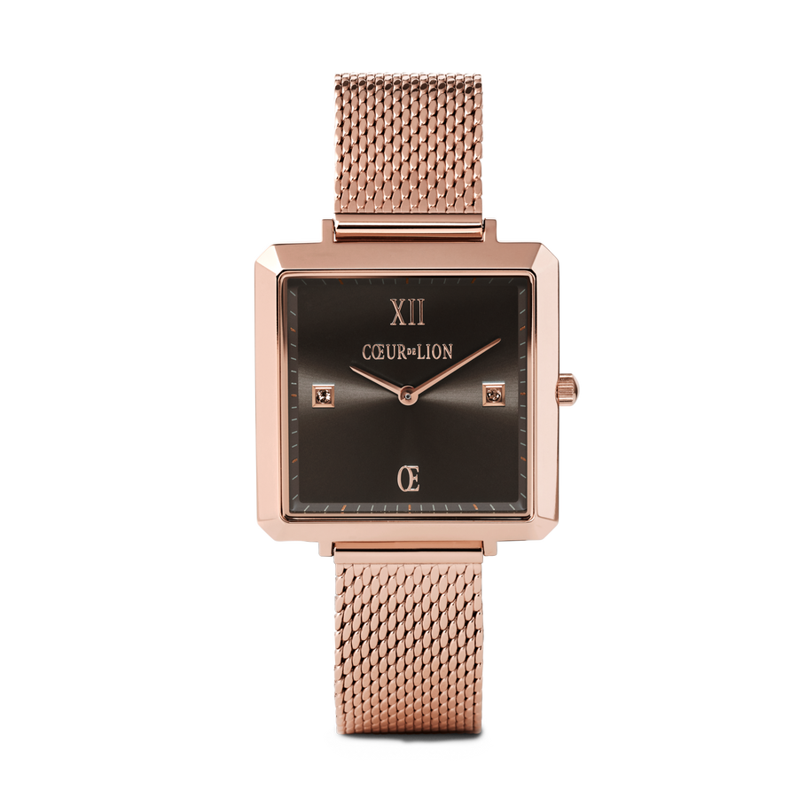 Gift Set Watch Iconic Square Mocha Sunray Milanese & Bracelet GeoCUBE® pink aventurine rose gold-peach