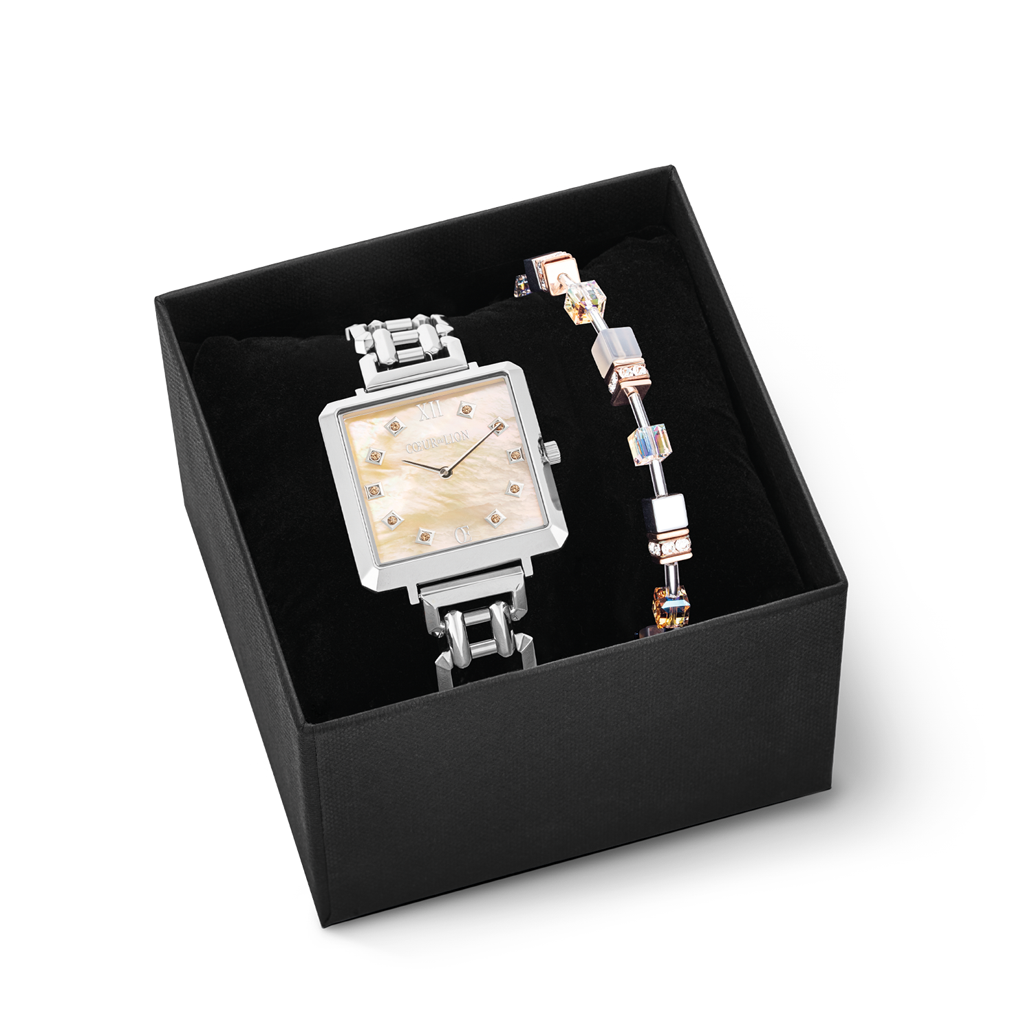 Gift Set Watch Iconic Cube Apricot Crush Silver & GeoCUBE® Iconic Bracelet Apricot Crush