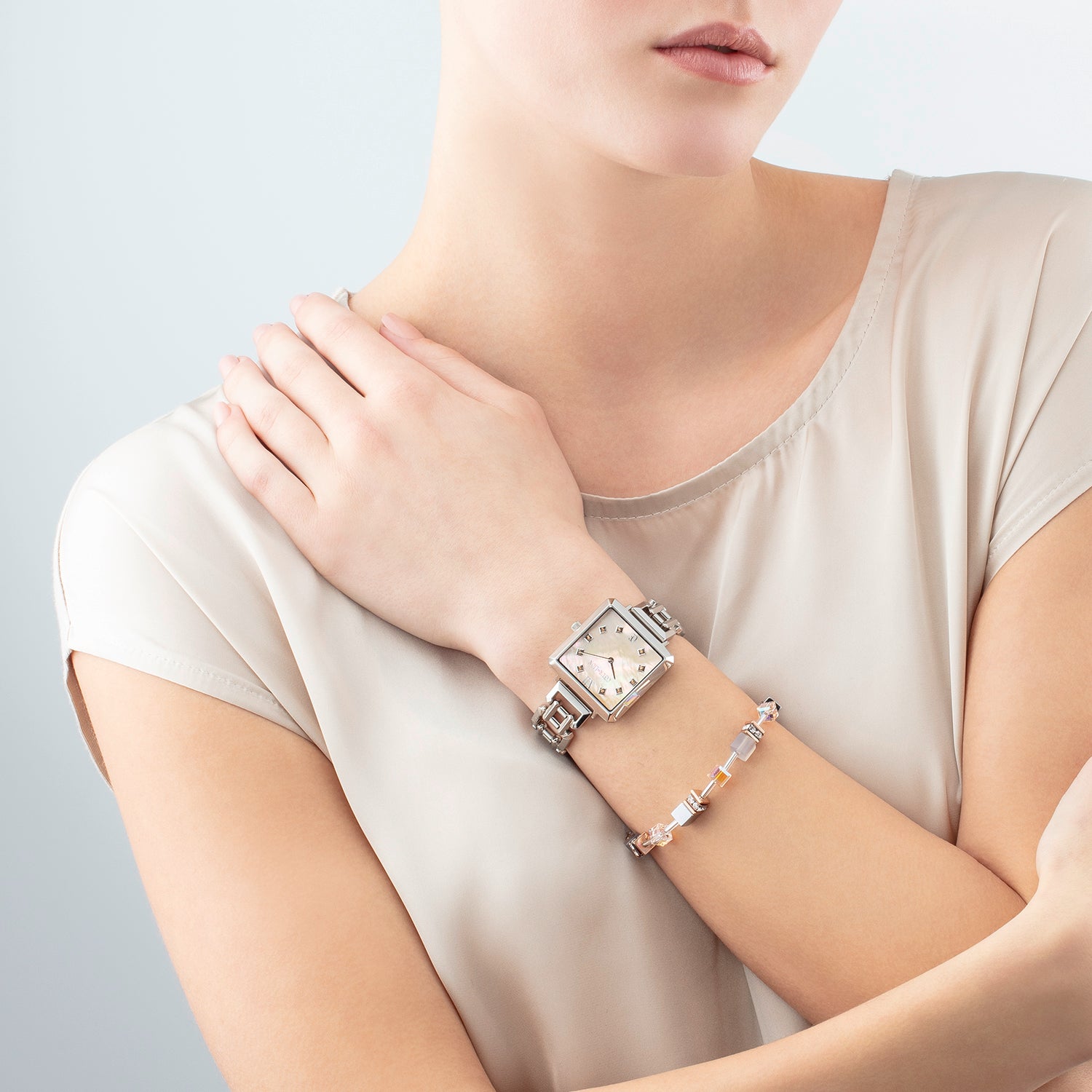 Gift Set Watch Iconic Cube Apricot Crush Silver & GeoCUBE® Iconic Bracelet Apricot Crush