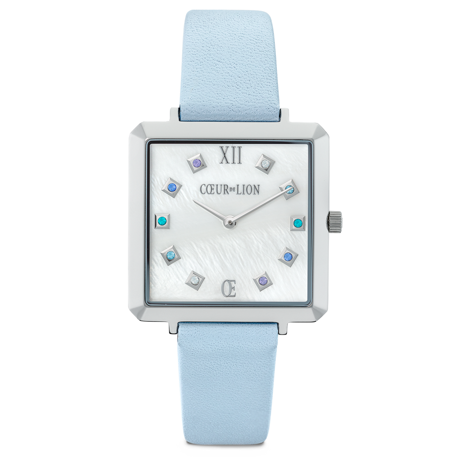 Watch Iconic Square Mother-of-Pearl Silver Bracelet Leather Cool Blue