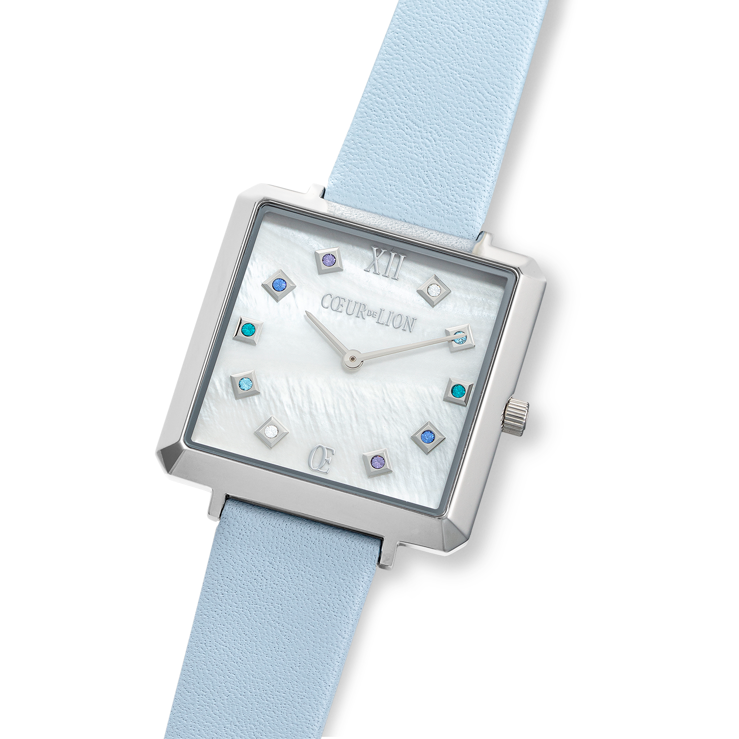 Watch Iconic Square Mother-of-Pearl Silver Bracelet Leather Cool Blue