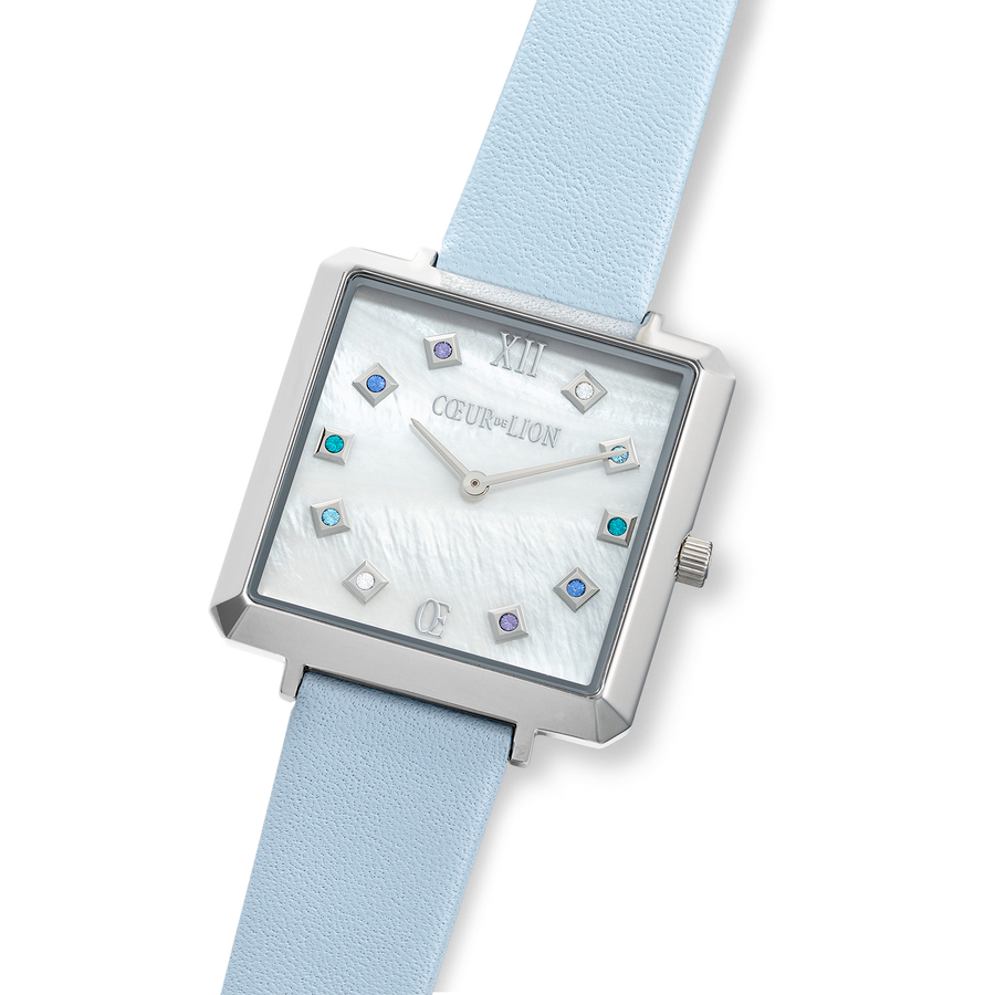 Watch Iconic Square Mother-of-Pearl Silver Bracelet Leather Cool Blue