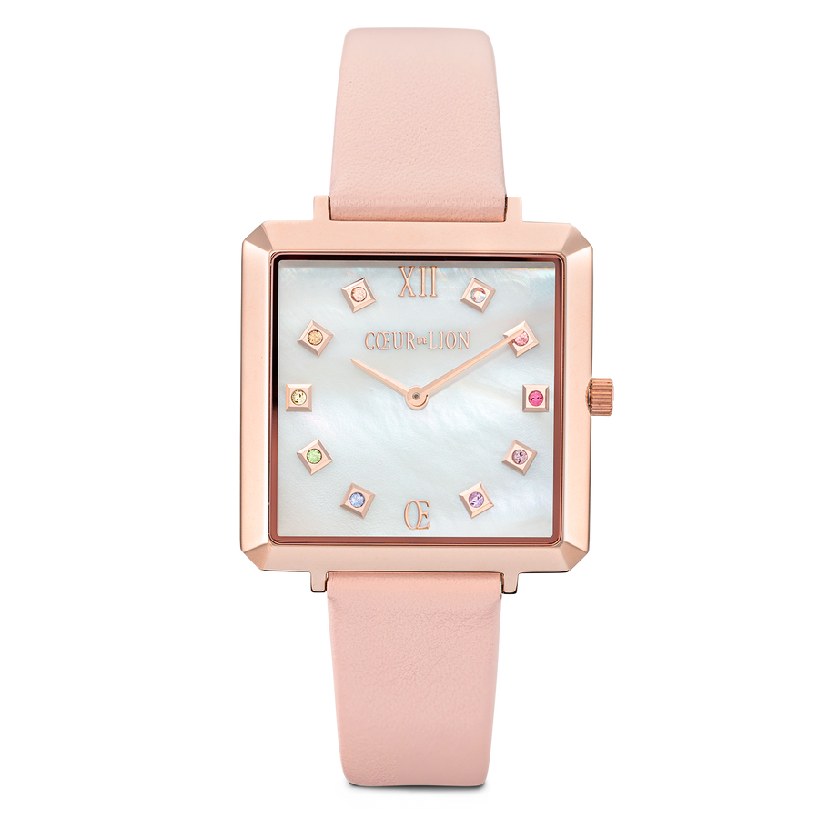 Watch Iconic Square Mother-of-Pearl Rose Gold Bracelet Leather Romantic Pink